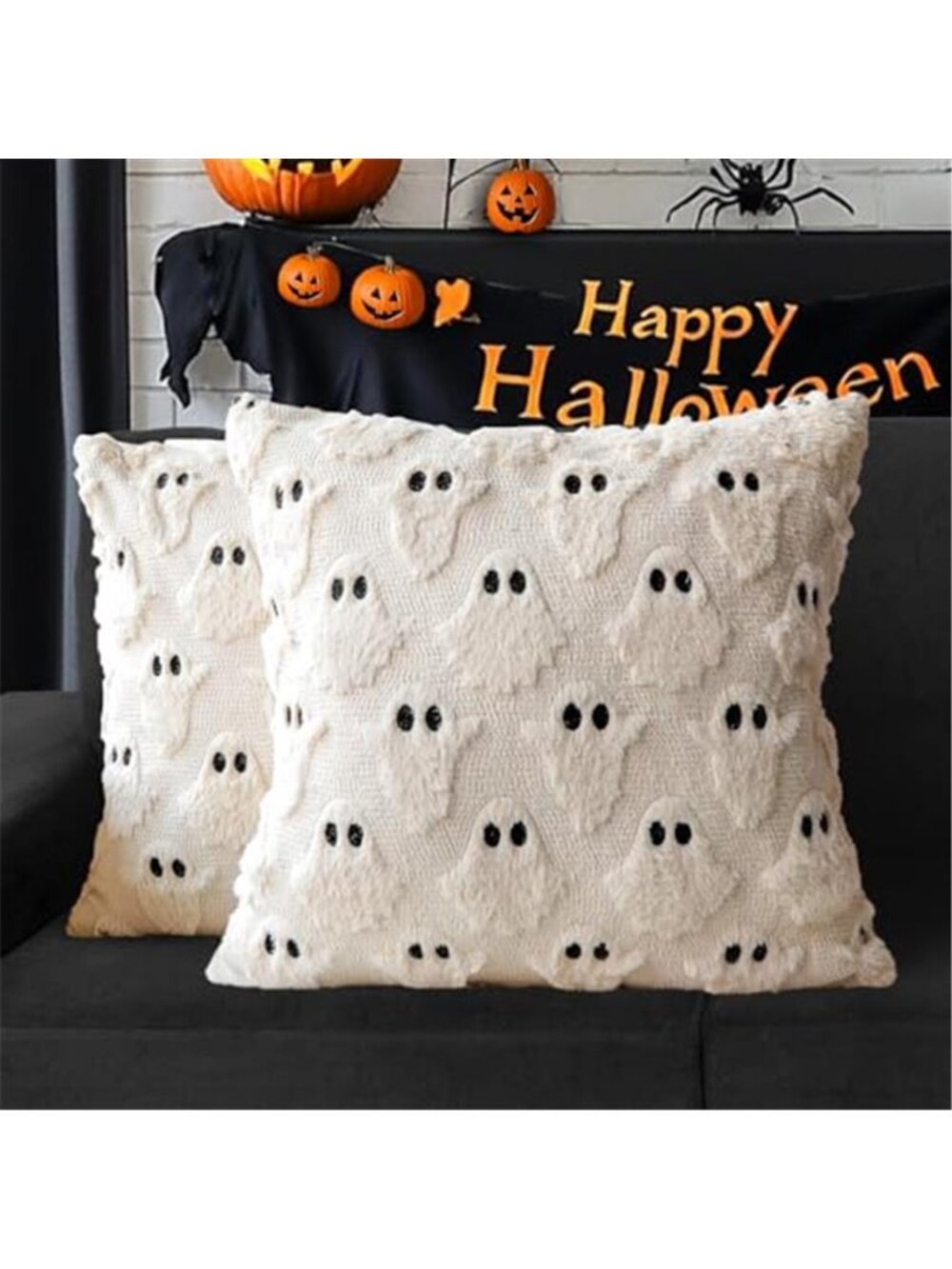 Halloween Pillow Covers 18x18 Set of 2 Beige Ghost Farmhouse Home Decor
